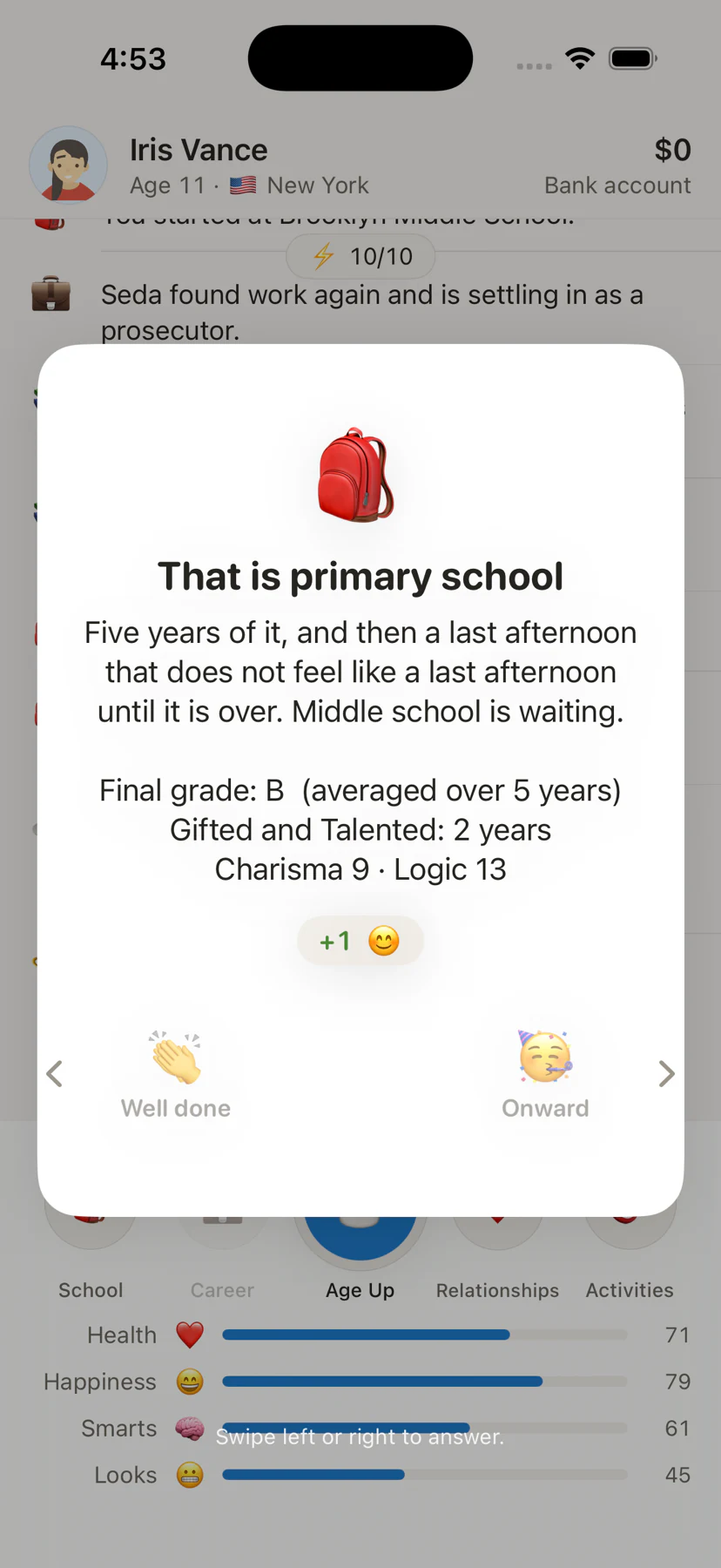 A full screen card summarising five years of primary school, with a final grade and two labelled options to swipe between.