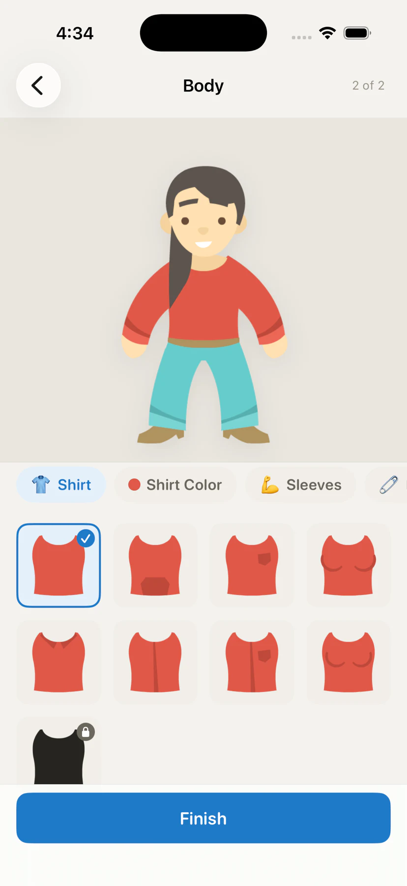The character creator, showing a full length figure above a grid of shirts to choose from.