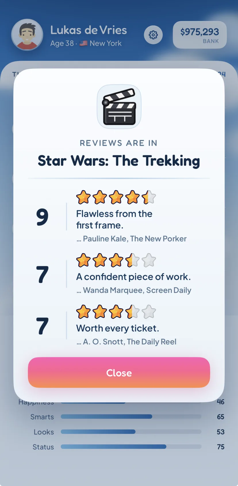 A pop-up showing three critics' star ratings and quotes for a film the player directed.